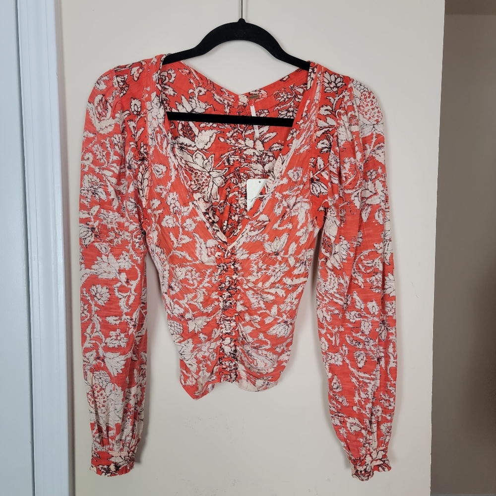 Free‎ People Say The Word Floral Print V-Neck Long Blouson Sleeve Ruched Top XS - Picture 3 of 11
